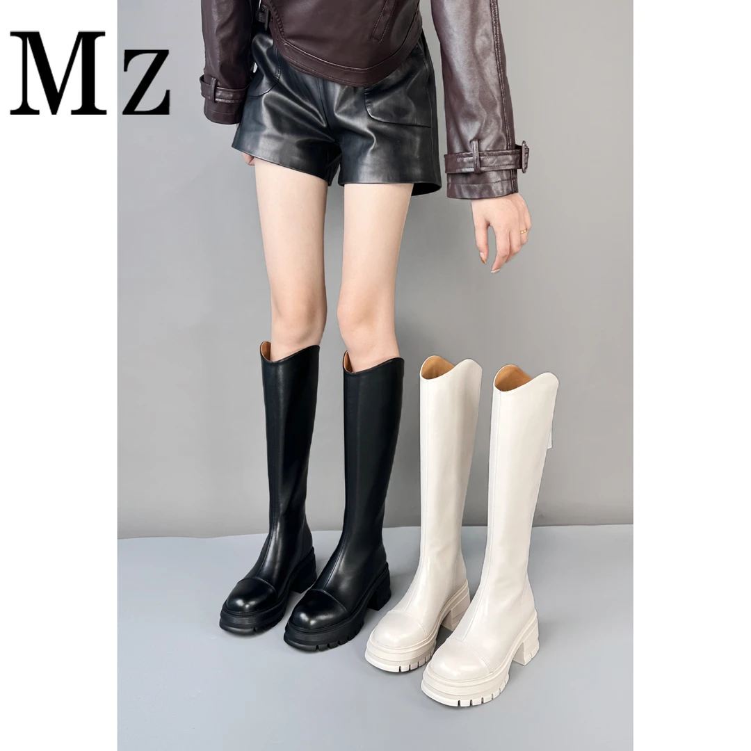 【奢品】6cm/水洗头层牛皮内里/双层牛皮V口不过膝长靴真皮骑士靴女