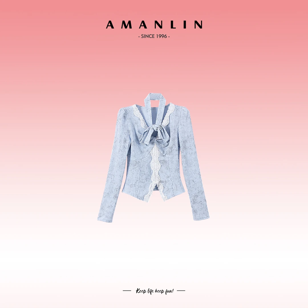 AMANLIN/阿谩琳气质蕾丝花边显瘦修身V领百搭欧若风上衣女Y595582
