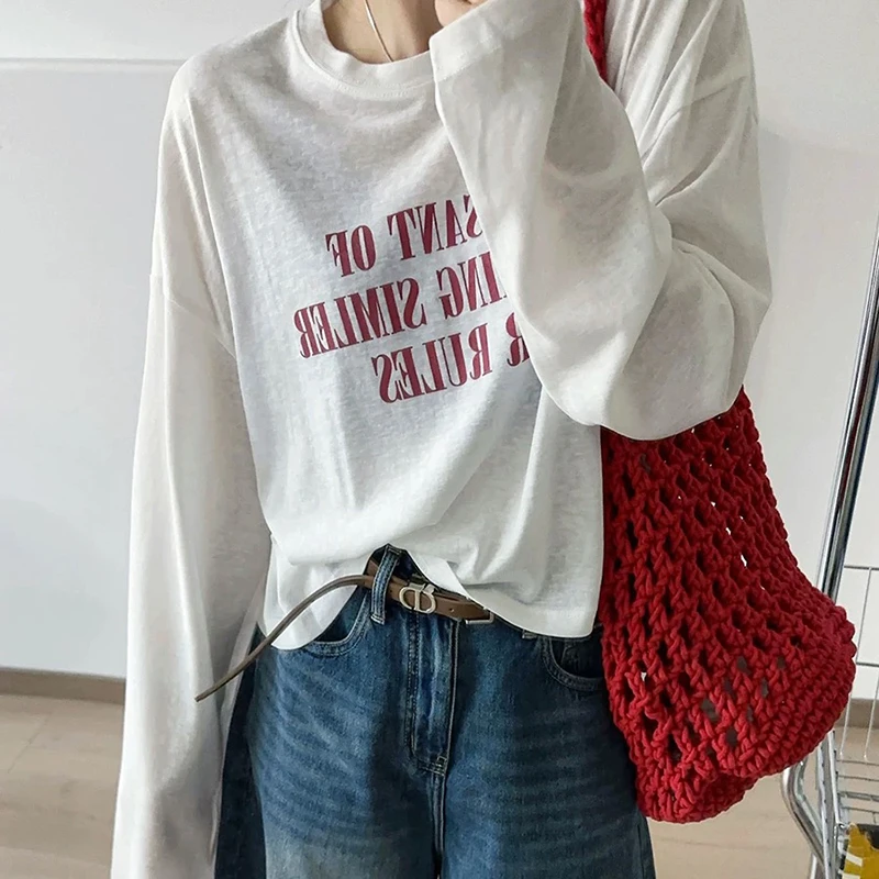 QY6501陌图2025夏新款宽松圆领长袖撞色字母印花亚麻短款防晒T恤