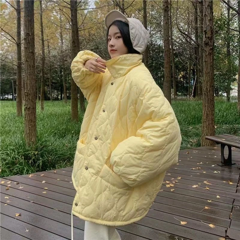 冬季新款韩版宽松百搭上衣女学生中长款菱格棉服外套大码女装时尚