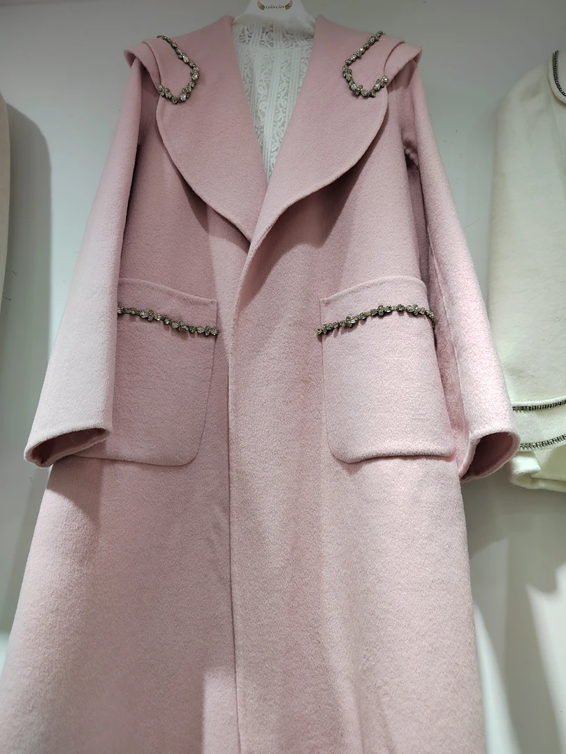 冰琪家法式秋冬新款温柔气质贵气水钻大翻领保暖长款冬季大衣女