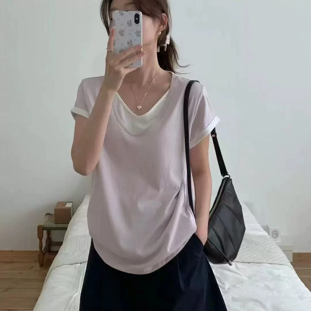 9800假两件简约休闲短袖T恤女2025夏季宽松拼接显瘦上衣