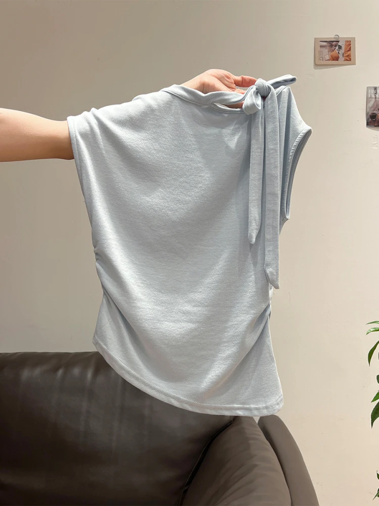 2025夏季新款气质蓝色拼接绑带设计感短袖T恤女修身无袖独特上衣