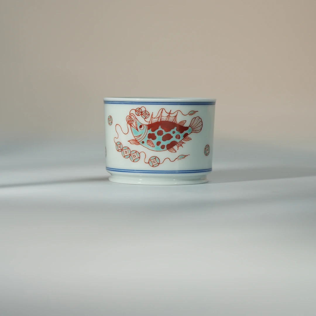 【御窑茶局】立勤堂 红绿彩铜钱鳜鱼容天杯