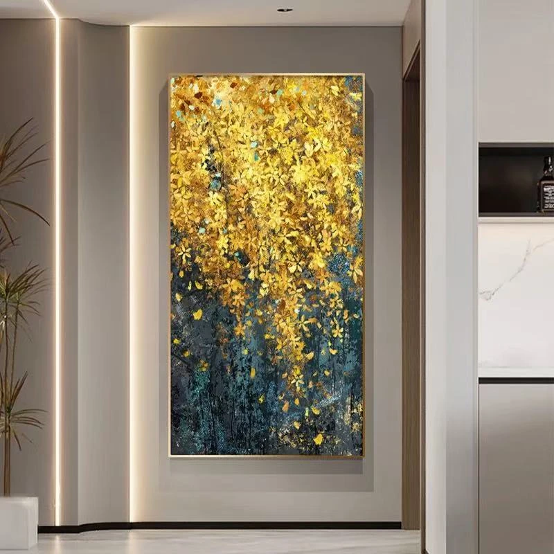 【发财树】入户玄关装饰画大芬村油画迎春花客厅走廊过道挂画