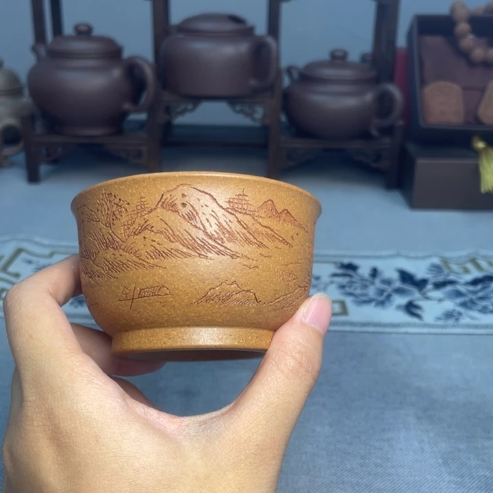 抢****茶杯紫砂 梨皮黄段 刻绘杯