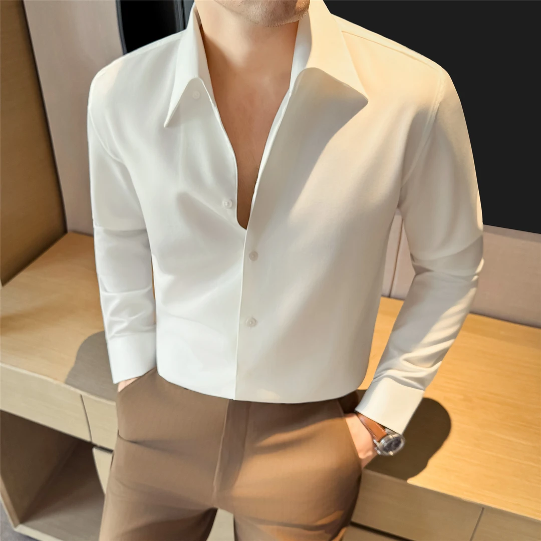 商务休闲衬衣长袖男士帅气上衣修身金属袖扣法式V领衬衫修身纯色