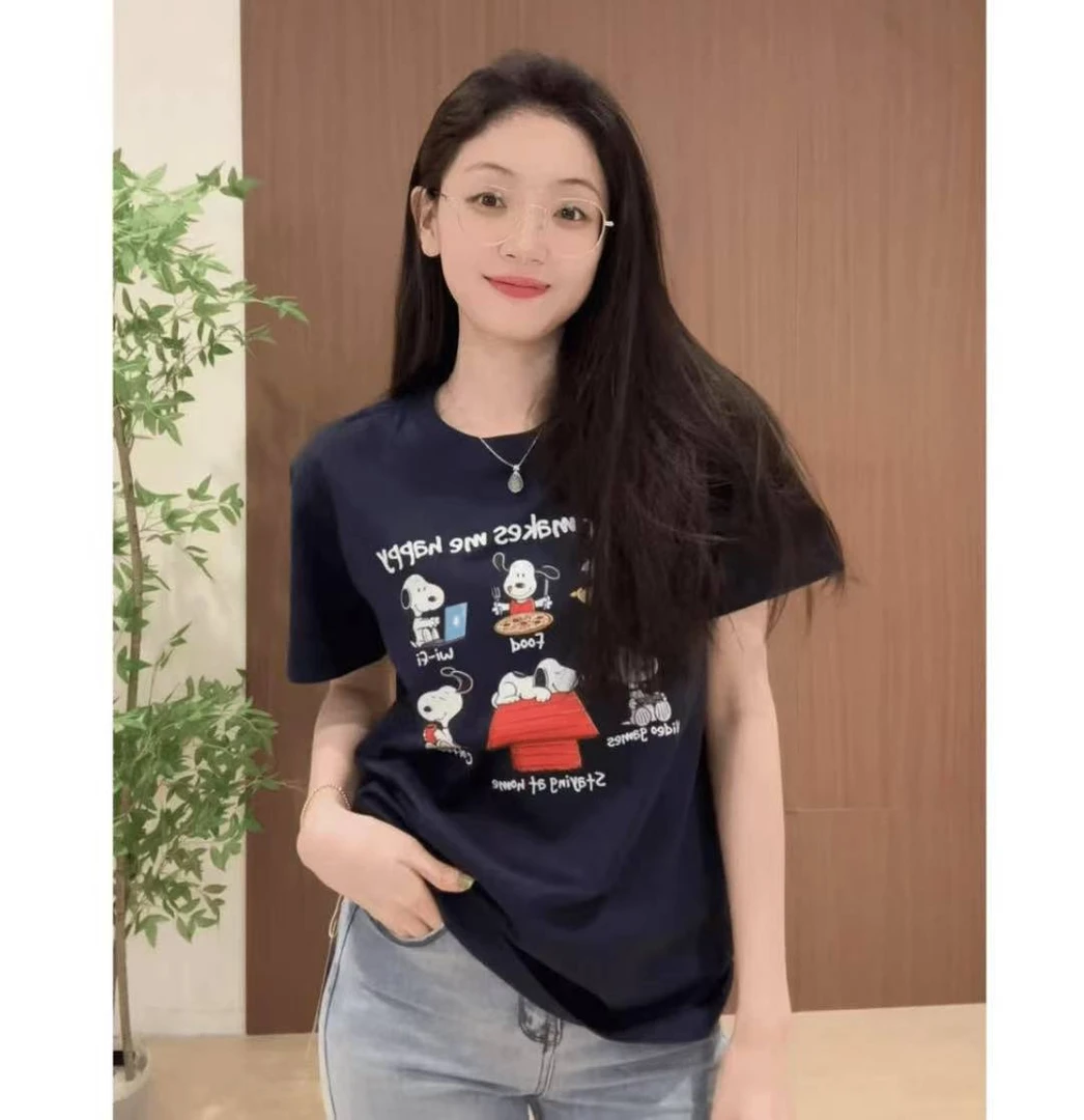 2025夏季藏蓝色圆领正肩修身百搭显瘦短袖女趣味卡通印花T恤上衣
