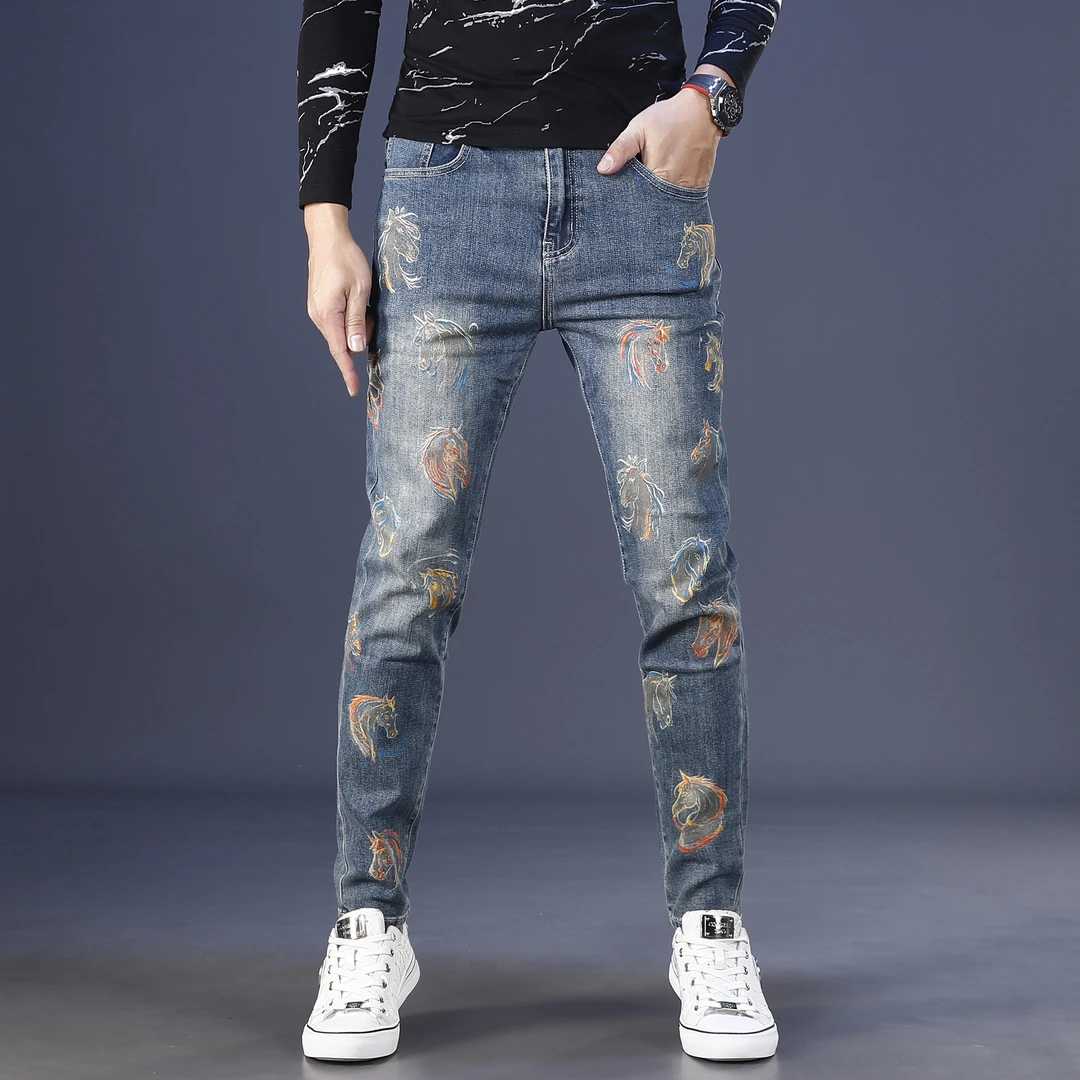 高级感印花牛仔裤男款爆款2025新款秋冬款修身小直筒弹力休闲长裤