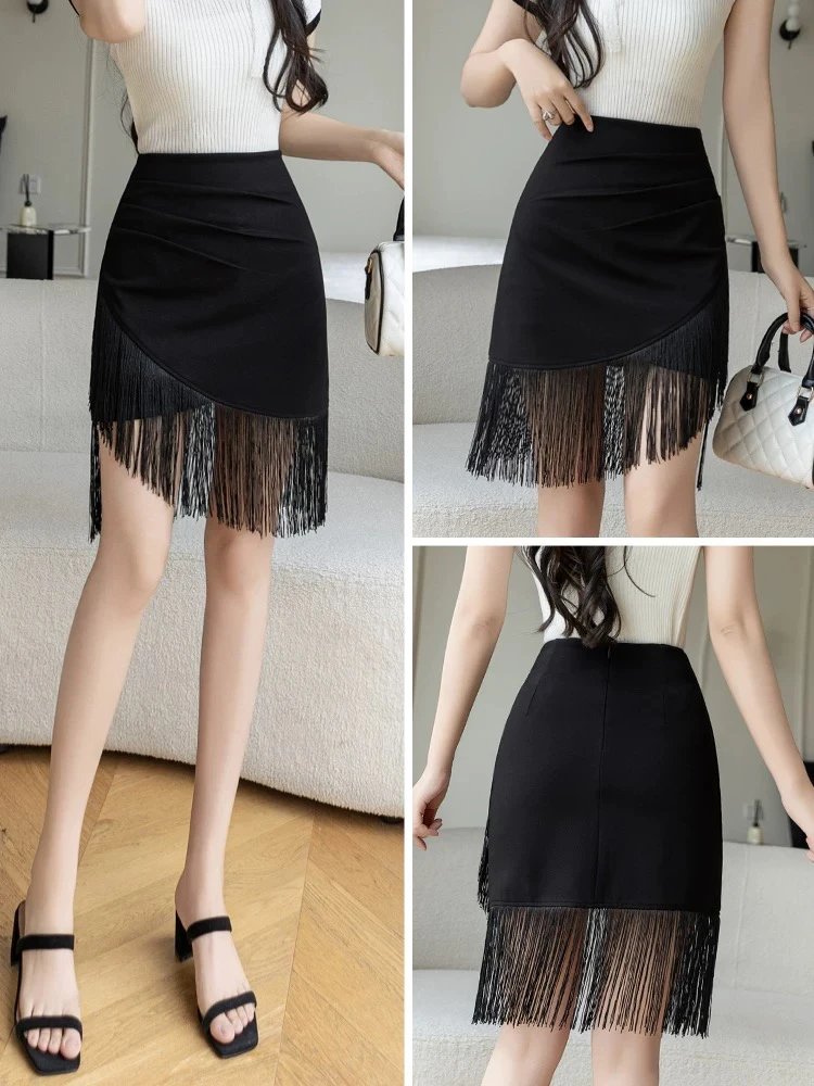 时尚流苏高腰显瘦不规则褶皱A字半身短裙气质百搭