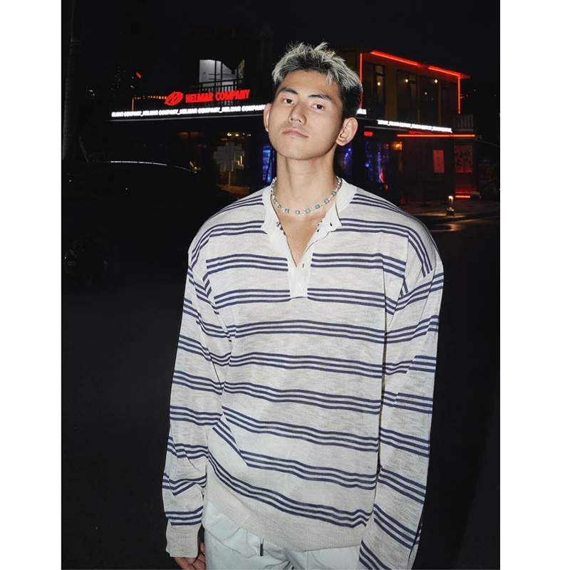 新款鸟家慵懒肌理夏日薄款度假条纹长袖T恤时尚轻奢痞帅男装