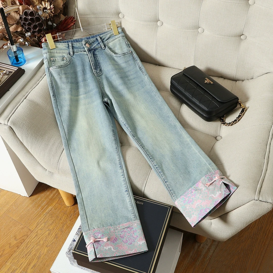 南油高端春夏新中式牛仔裤直筒裤脚阔腿裤开叉弹力显瘦休闲九分裤