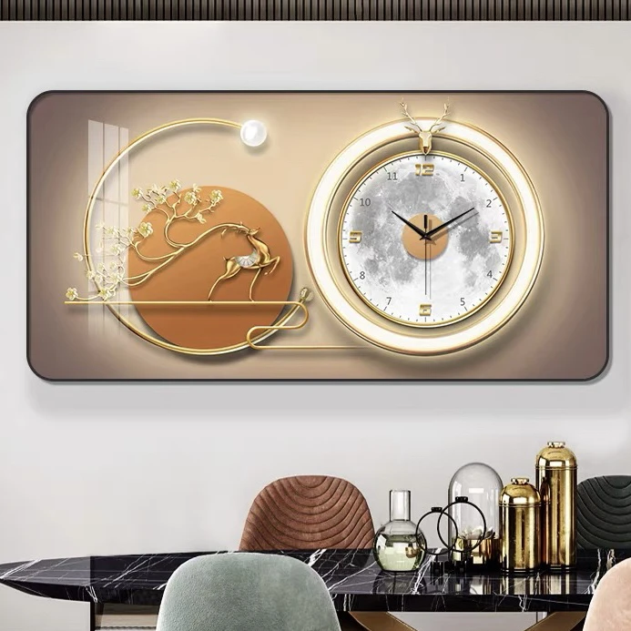 餐厅装饰画好看寓意好现代简约新中式静音钟表横版单幅挂画壁画