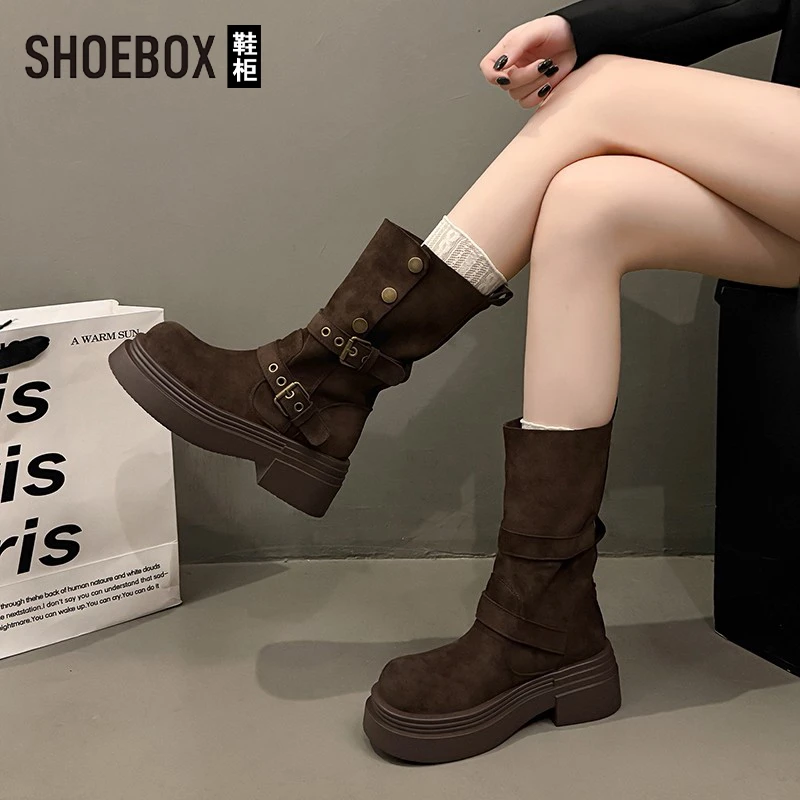 SHOEBOX鞋柜厚底增高马丁靴女2025新款秋季两穿复古中筒靴短靴