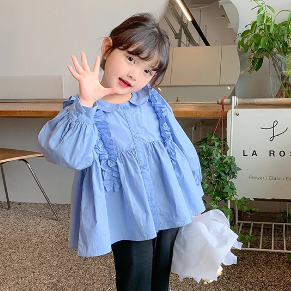 女童娃娃衫2025春秋季新款儿童春装纯棉衬衫女宝宝木耳边衬衫