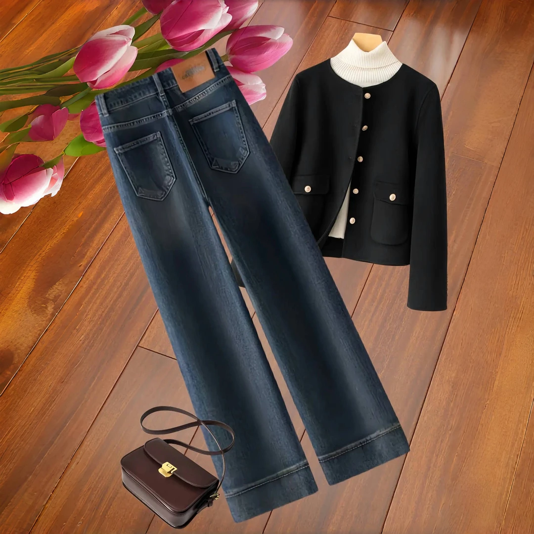 高端九分丹宁蓝加绒阔腿牛仔裤女2024秋冬新款独特超好看直筒裤子