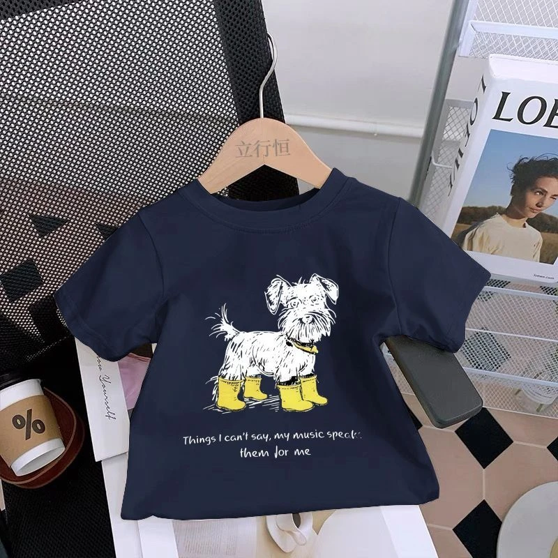 夏季新款_女宝宝韩系小狗印花短袖t恤纯棉舒适百搭中小童上衣