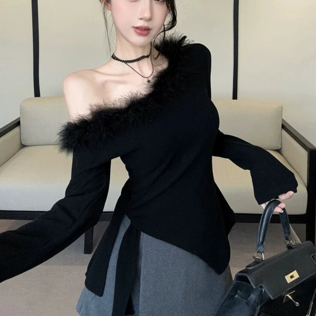 毛毛斜肩绑带露肩上衣