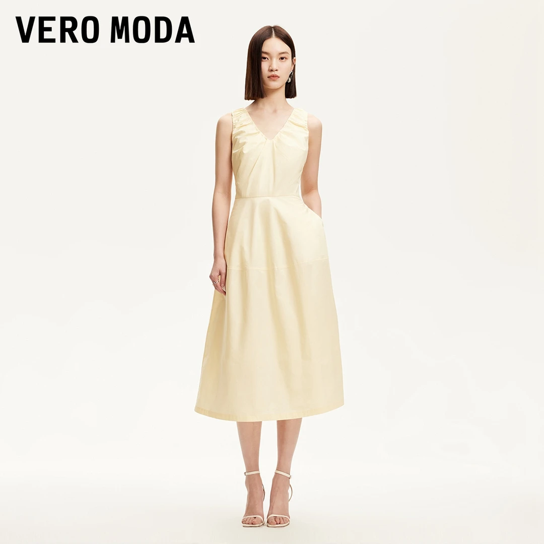 Vero Moda连衣裙2025夏日穿搭新款V领捏褶设计收腰裙32527A062