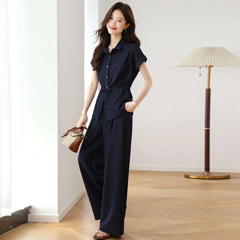 休闲风时尚套装显瘦气质薄款女装阔腿裤夏季套装通勤高腰衬衫显瘦