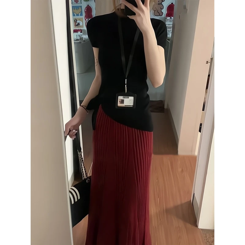 不规则绑带短袖t恤打底飘带上衣红色长款针织半身裙包臀鱼尾裙女