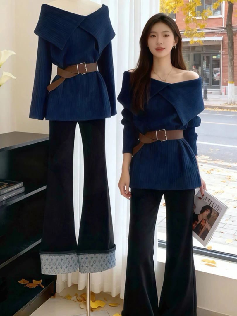 冬季温柔风一字肩翻领慵懒风中长款针织毛衣2025秋冬新款上衣女装