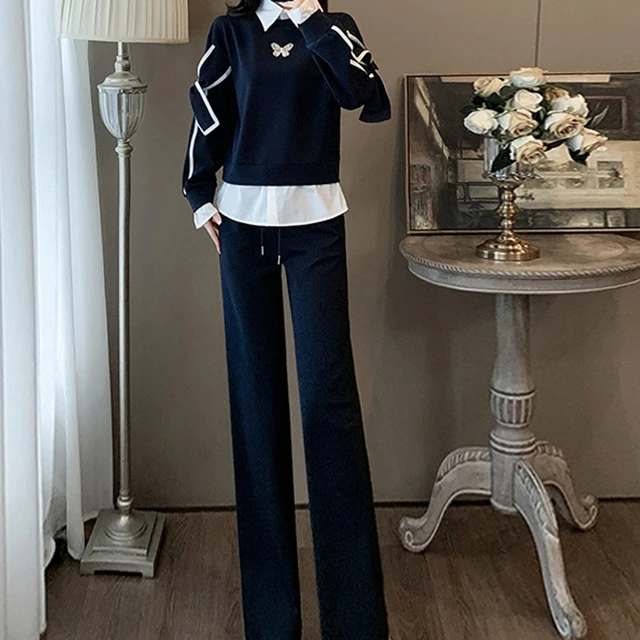 迪卡侬贵宾休闲运动套装女秋时髦减龄显瘦设计感假两件卫衣阔腿裤