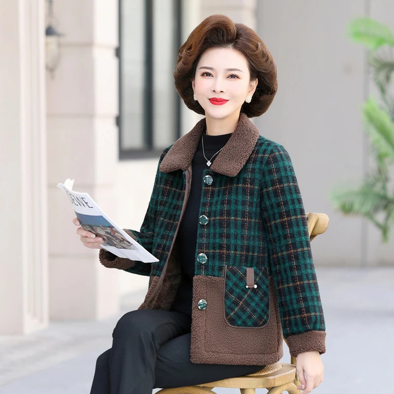 2025冬季妈妈水貂绒外套短款格子上衣加绒加厚中老年女装冬装棉衣