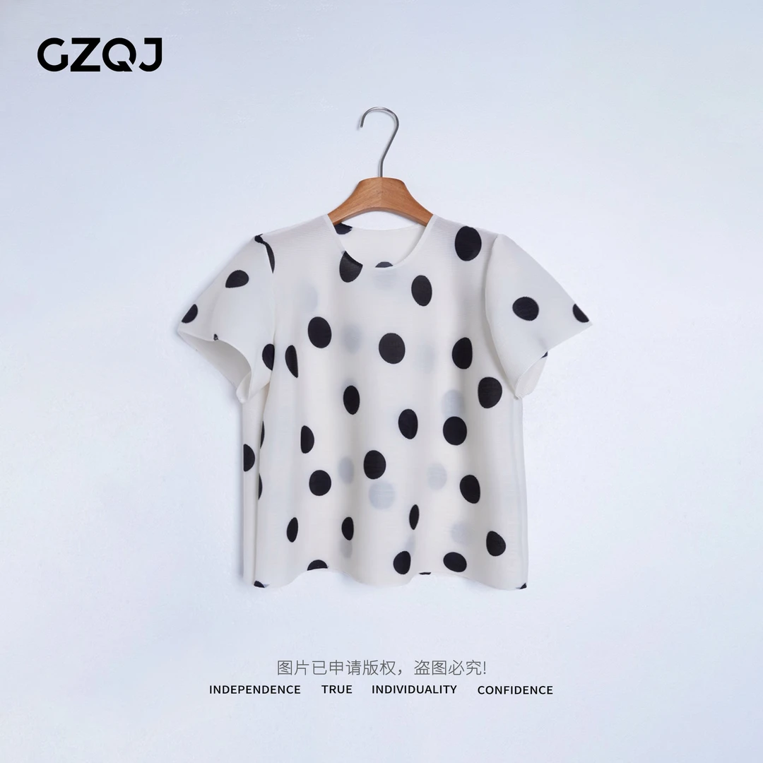 老琴私服【波点三宅】欧若风时尚圆领波点拼色短袖上衣T恤女夏2702