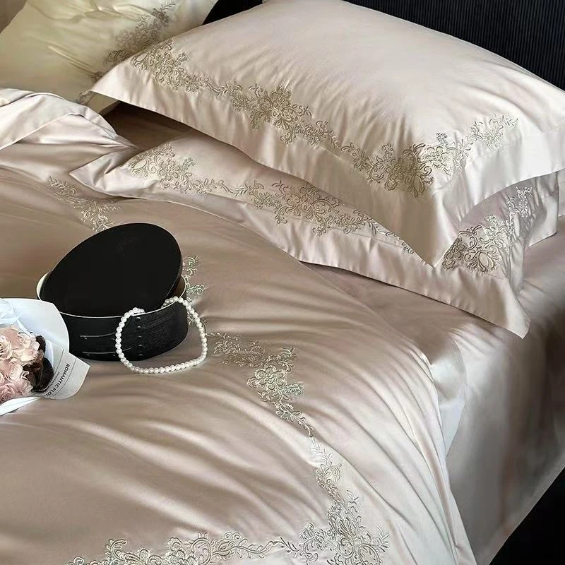 【粉漾恋曲】法式浪漫风长绒棉全棉贡缎刺绣花被套四季款床上用品