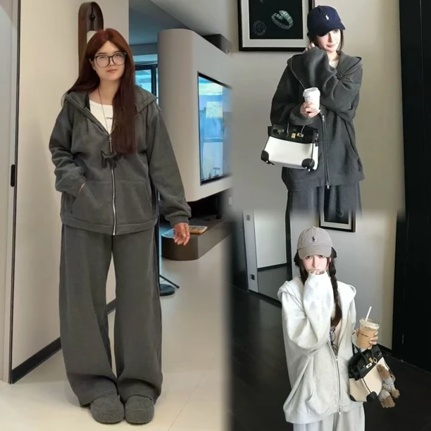 新款大码慵懒风休闲连帽加厚保暖上衣宽松百搭阔腿裤两件套