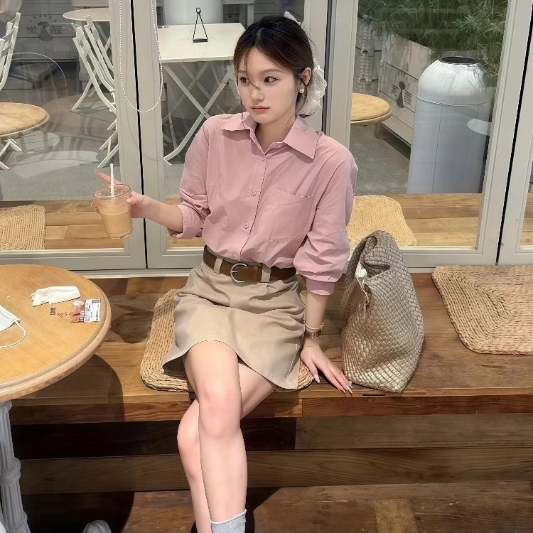 2025秋季绝美巨好看休闲风时尚漂亮粉色长袖衬衫