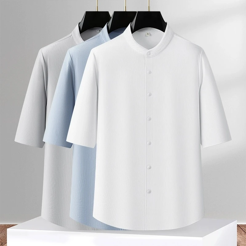 夏季高端国风中式立领衬衫男五分袖商务休闲条纹免烫弹力中袖衬衣