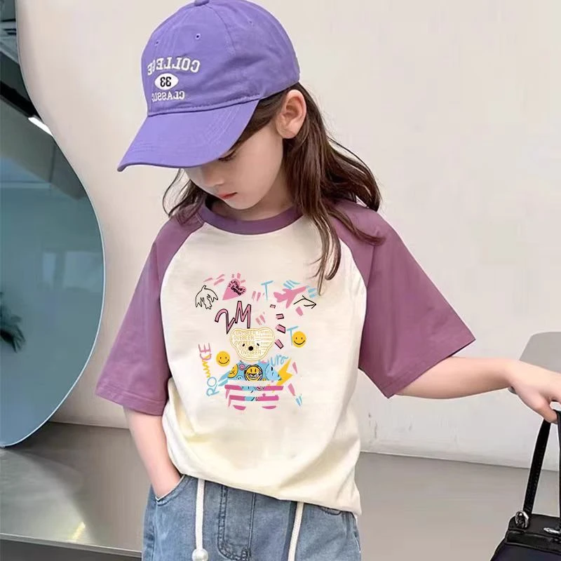 51193女童卡通宽松撞色短袖T恤衫夏季新款半袖纯棉儿童内搭上衣潮