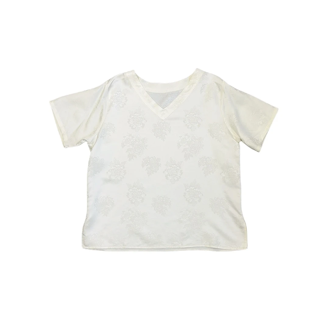 【100%桑蚕丝】提花花萝国风上衣简约春夏短袖V领真丝小衫