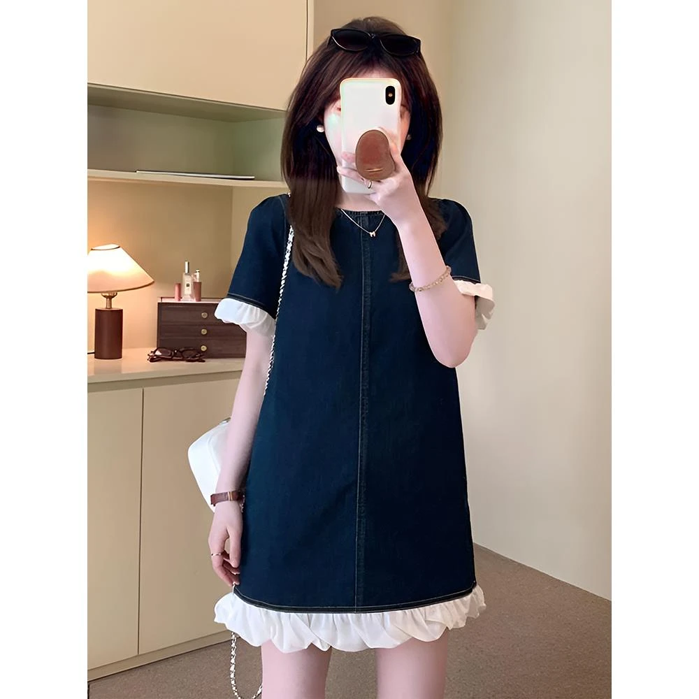 FUGU11 小香风拼接木耳边短袖牛仔连衣裙夏季宽松显瘦休闲短裙子