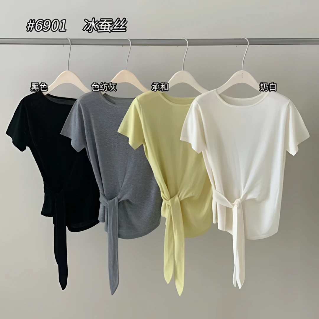 6901 冰蚕丝设计感绑带收腰针织衫夏季新款小众别致圆领修身褶皱