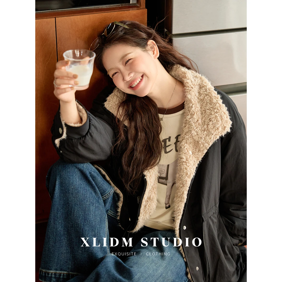 【清仓】小俪大码高密防风暖绒撞色拼接中长款收腰外套DD4C101106