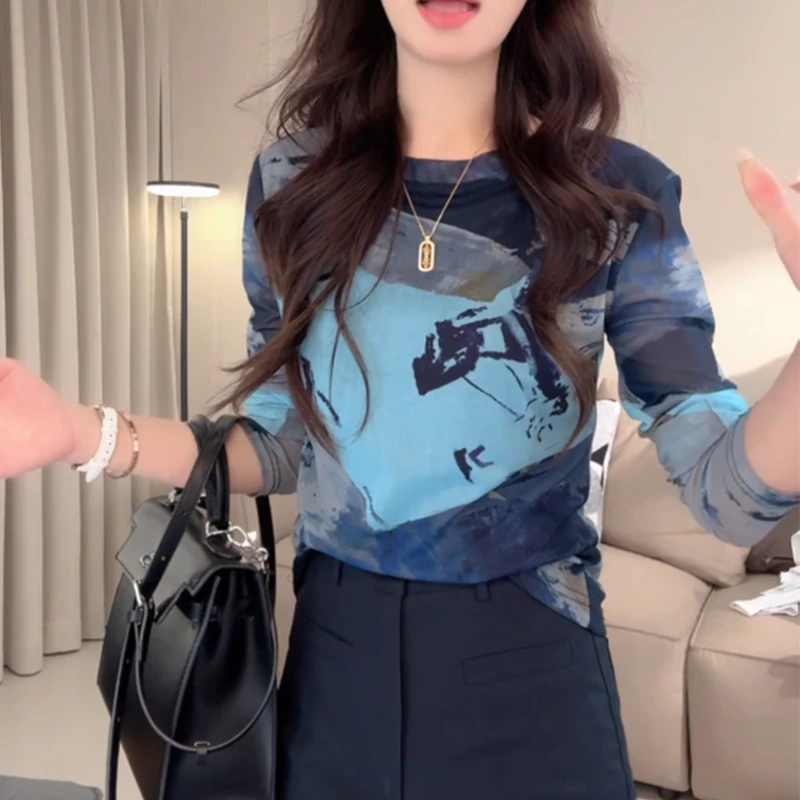 白鹿谜语时尚好搭打底气质圆领印花百搭长袖上衣ins（现货）内搭