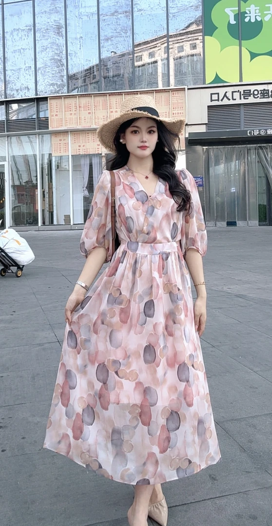 法式收腰显瘦v领波点连衣裙女2025新款夏季a字裙