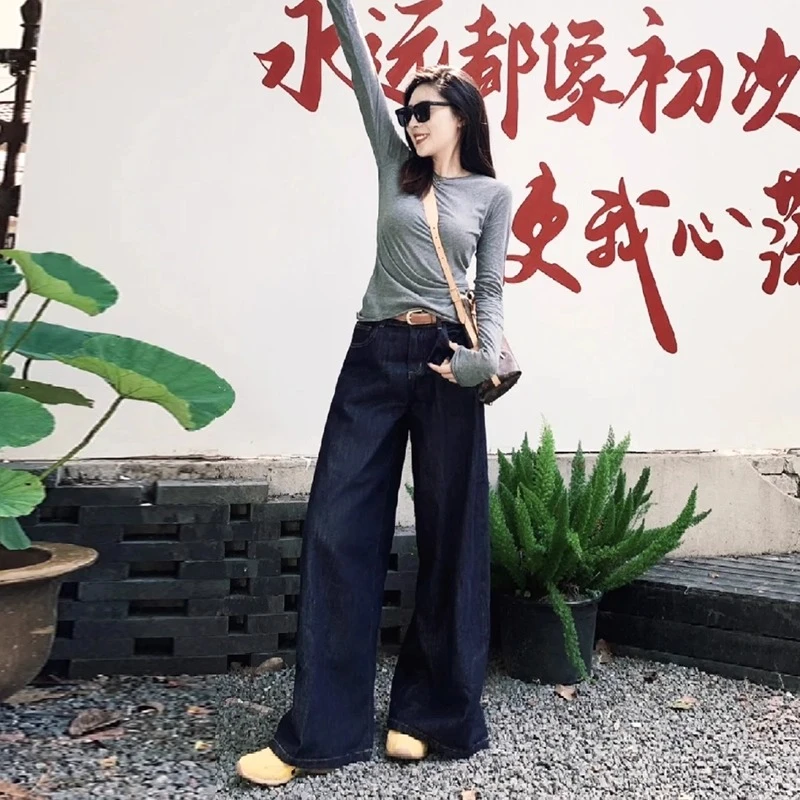 阔腿裤牛仔裤女款爆款2025新款裤子直筒裤高腰深蓝色加绒加厚