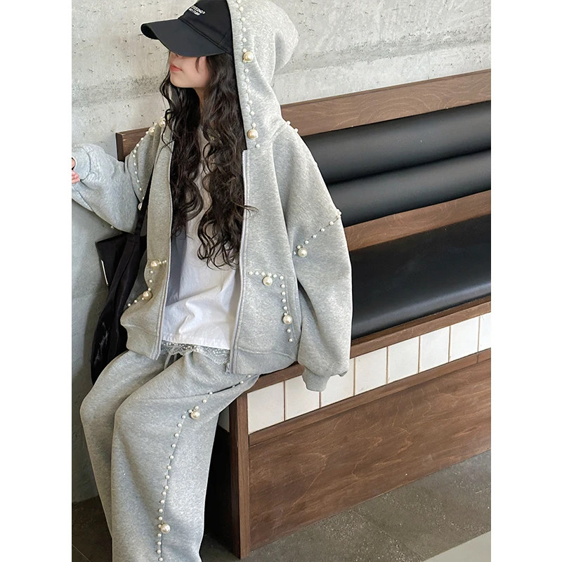 K27393珍珠女童卫衣套装2025春装新款儿童春秋两件套时髦衣服休闲