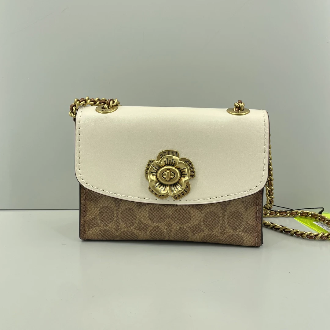 95新 COACH/蔻驰 Parker18 白拼老花链条包18x13x7cmE030105