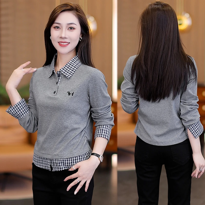 休闲风假两件长袖T恤女2025秋季新款宽松显瘦时尚百搭翻领打底衫