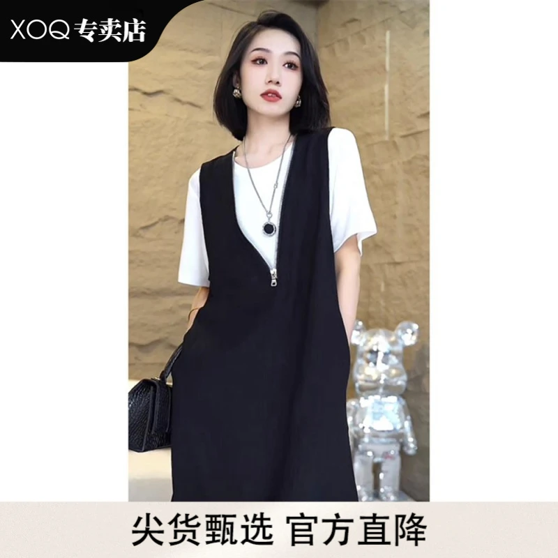 XOQ时尚简约两件套2025年夏季新款炸街流行大码上衣连衣裙套装女