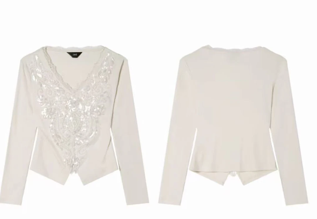 【玉锦珠玑】秋季新款时尚休闲长袖微弹气质V领珠片绣装饰气质