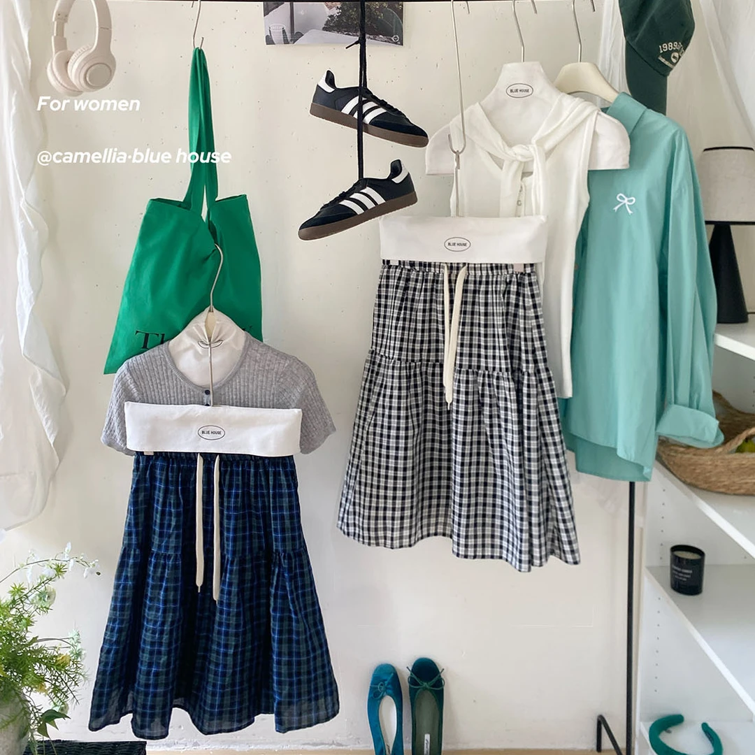 文艺学院风格子系带拼接中裙女夏复古显瘦百搭减龄洋气五分半身裙