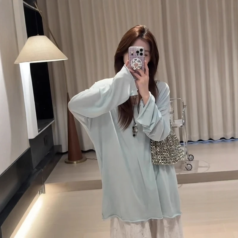 夏日轻薄蓝色面膜长袖防晒t恤罩衫女冰丝外搭宽松慵懒风空调上衣