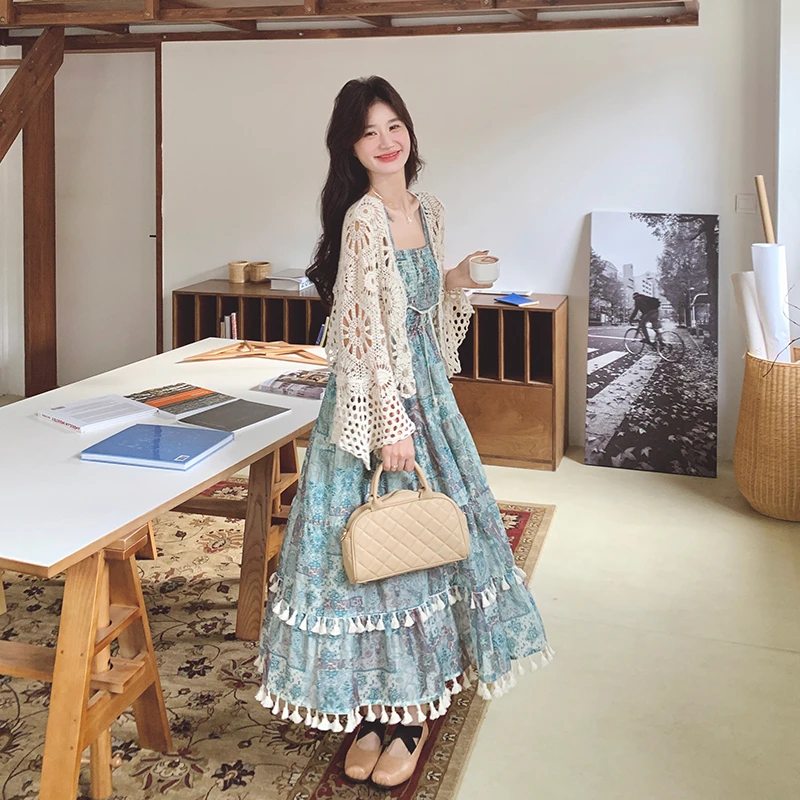 法式针织镂空开衫连衣裙套装女2025春季度假风减龄显瘦长裙两件套