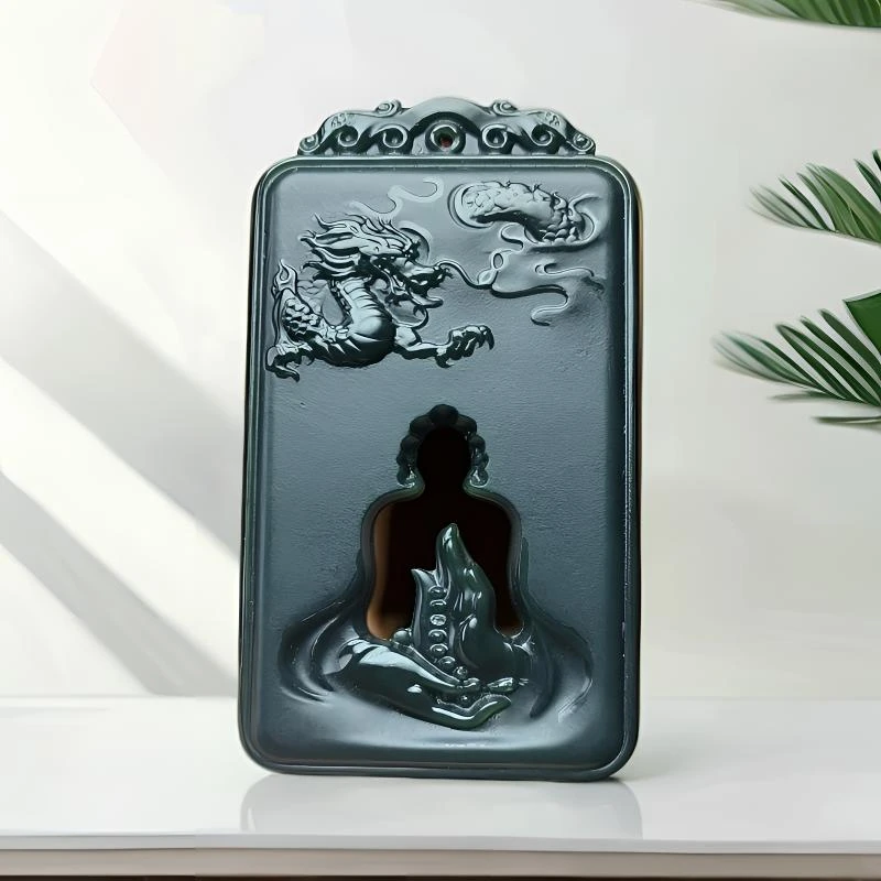 和田玉青玉飞龙悟道佛手吊坠双面雕刻玉佩时尚大气挂件